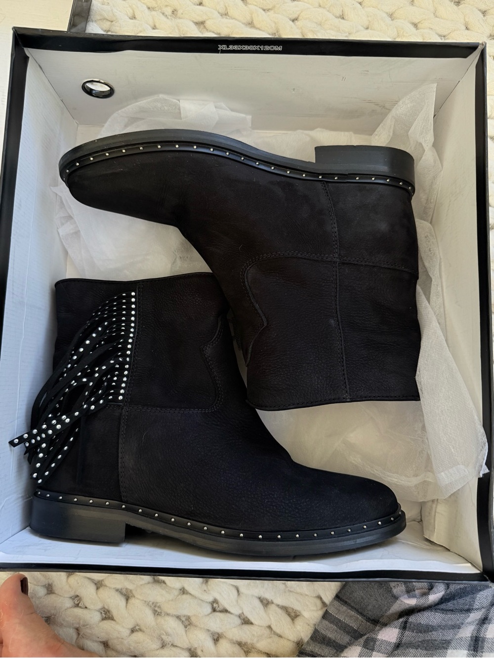 Via Roma 15 black nubuck fringe ankle boots studded hidden wedge
